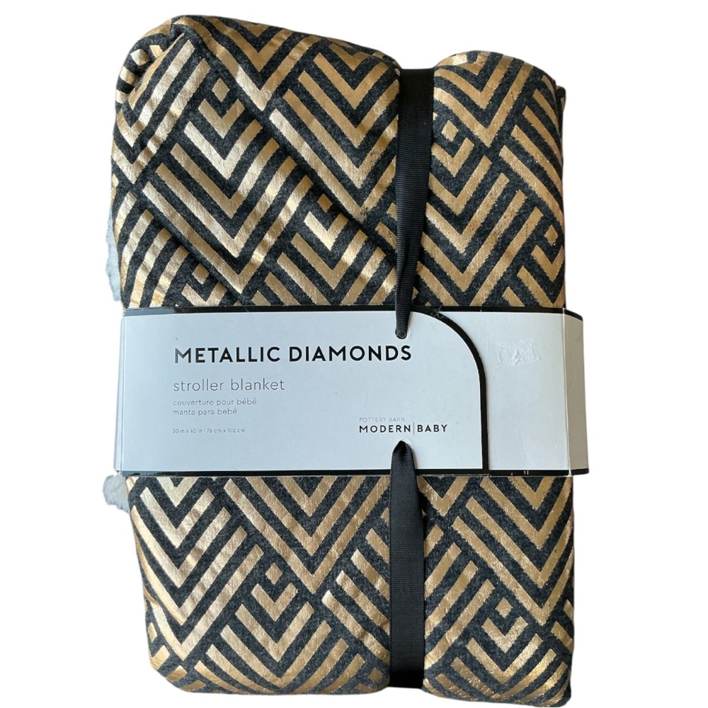 Pottery Barn Kids Metallic Diamond Black Gold Modern Baby Stroller Blanket NWT